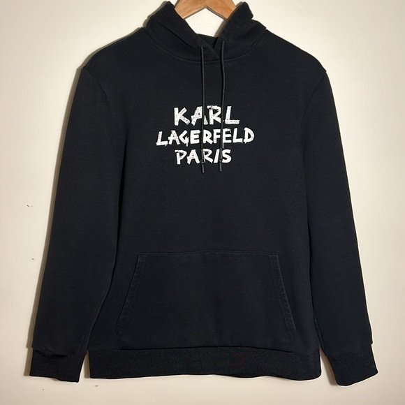 Karl Lagerfeld Paris Mens Colour Block Solid Pullover Hoodie Black US Size M - Picture 1 of 10